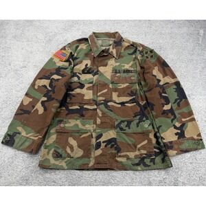 US Army Jacket Mens Medium Green Woodland Camo Patches Flag Field Coat Vintage